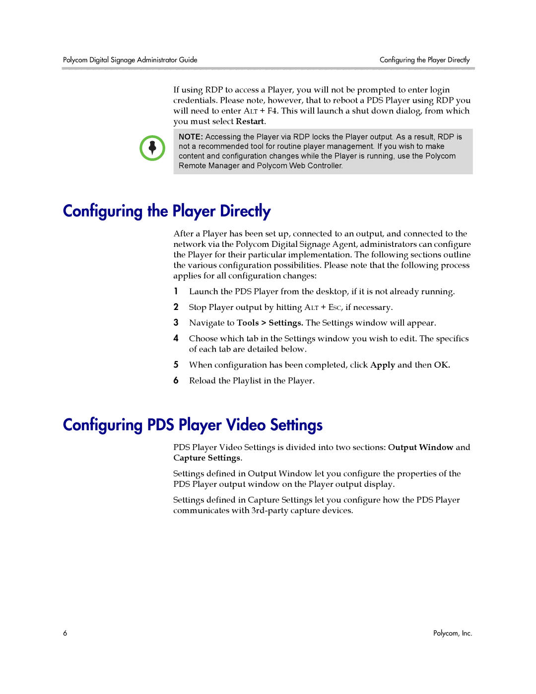 Polycom PDS 2000 manual Configuring the Player Directly, Configuring PDS Player Video Settings 