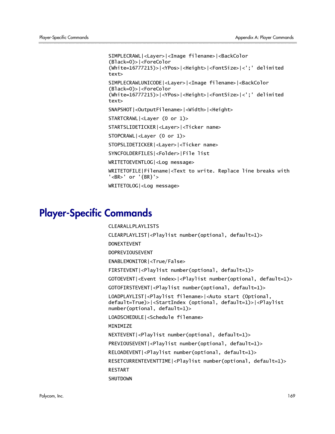 Polycom PDS 2000 manual Player-Specific Commands, Clearallplaylists 