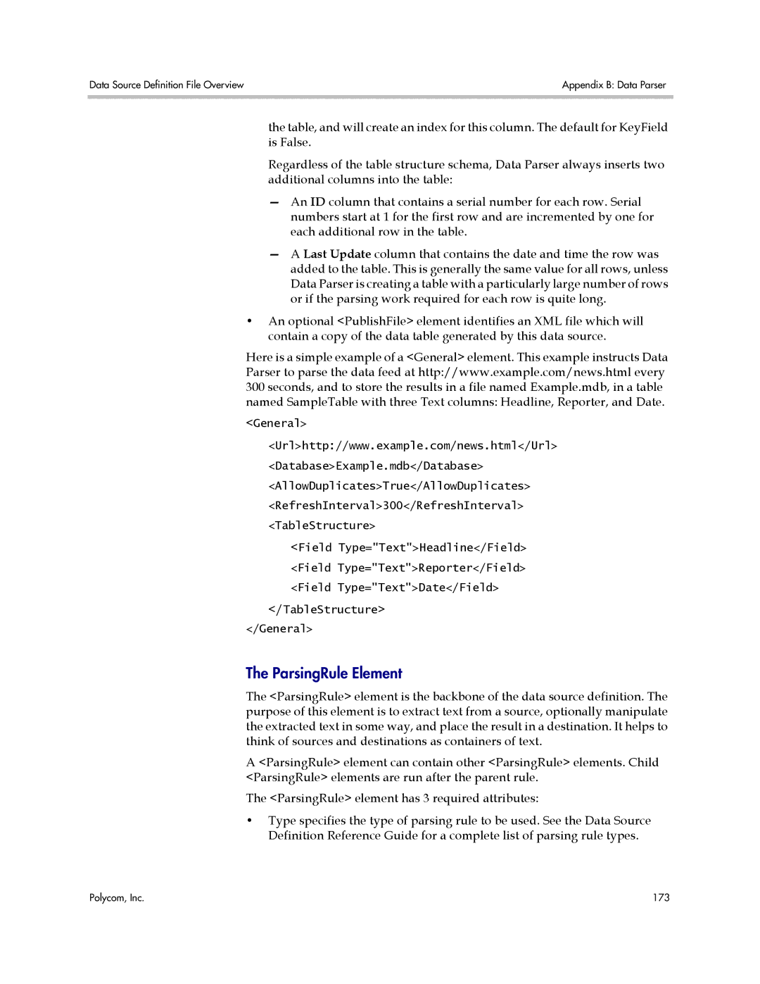 Polycom PDS 2000 manual ParsingRule Element 