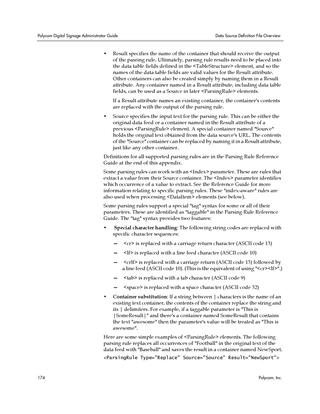 Polycom PDS 2000 manual ParsingRule Type=Replace Source=Source Result=NewSport 