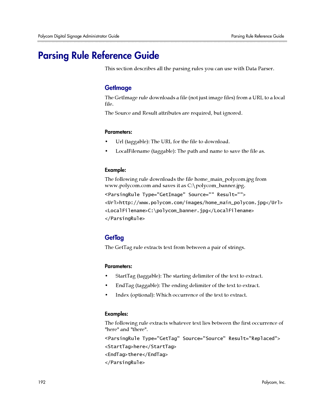 Polycom PDS 2000 manual Parsing Rule Reference Guide, GetImage, GetTag 