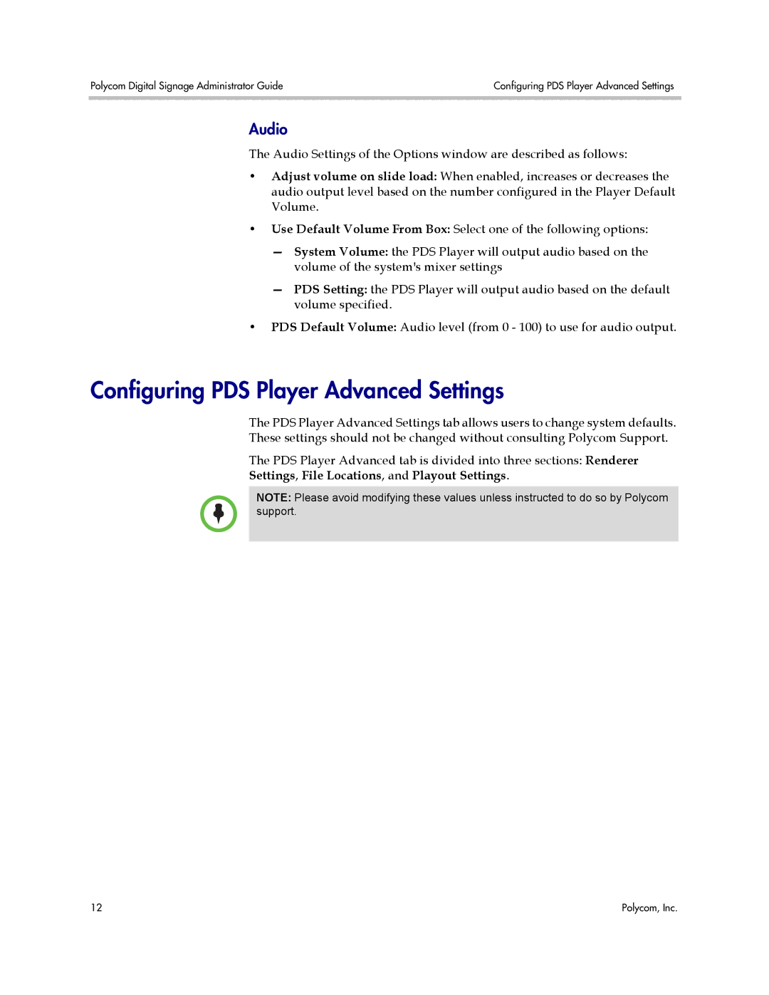 Polycom PDS 2000 manual Configuring PDS Player Advanced Settings, Audio, Settings, File Locations, and Playout Settings 