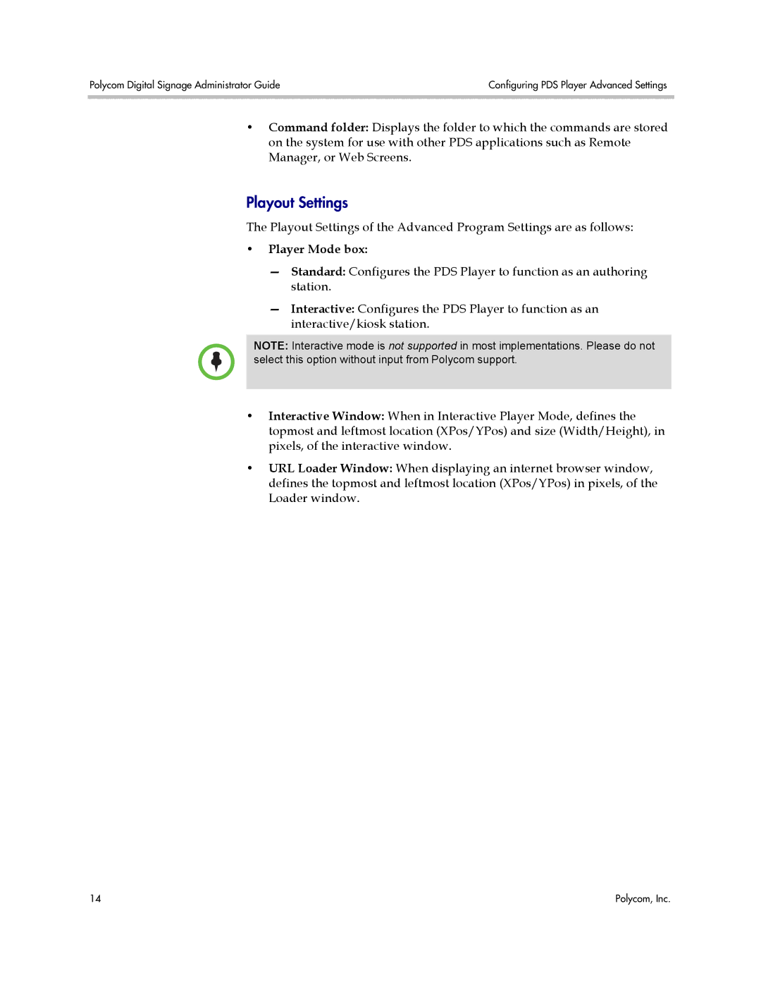 Polycom PDS 2000 manual Playout Settings, Player Mode box 