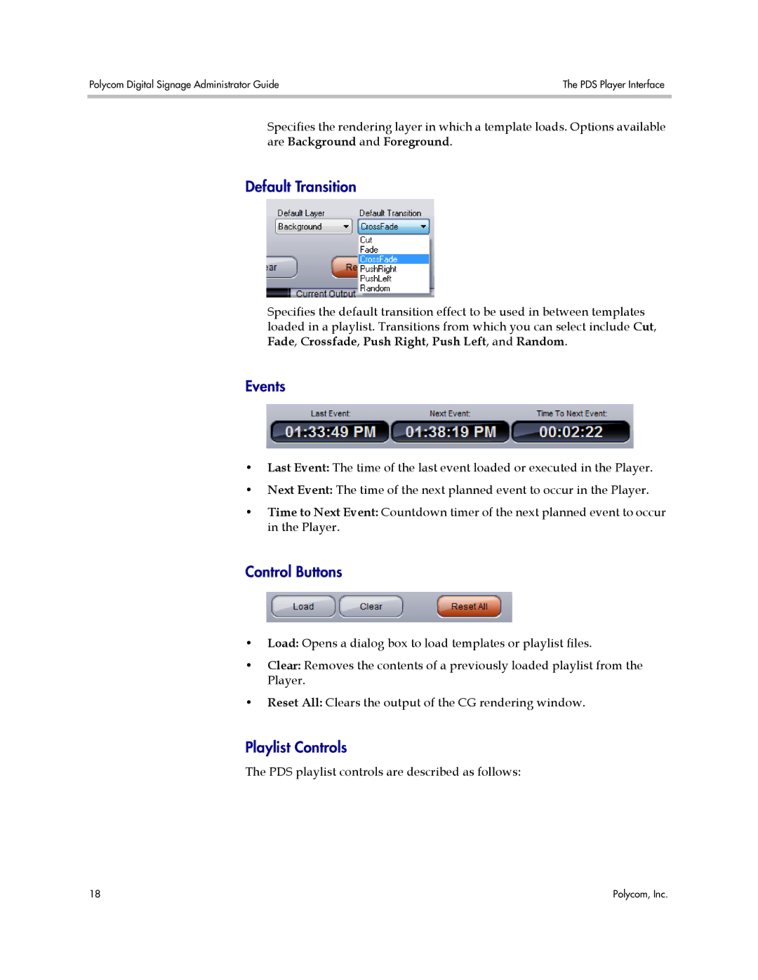 Polycom PDS 2000 manual Default Transition, Events, Control Buttons, Playlist Controls 