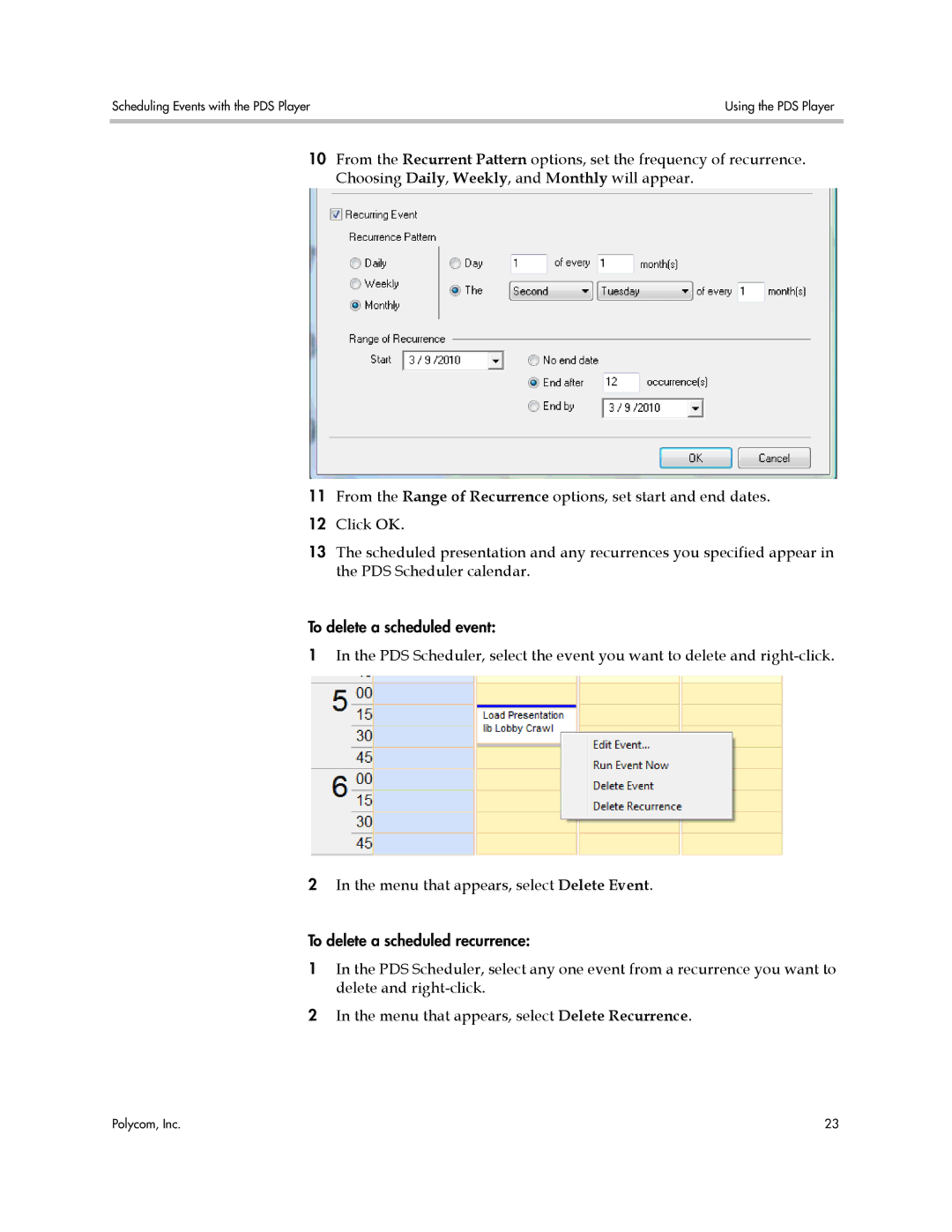 Polycom PDS 2000 manual To delete a scheduled event 