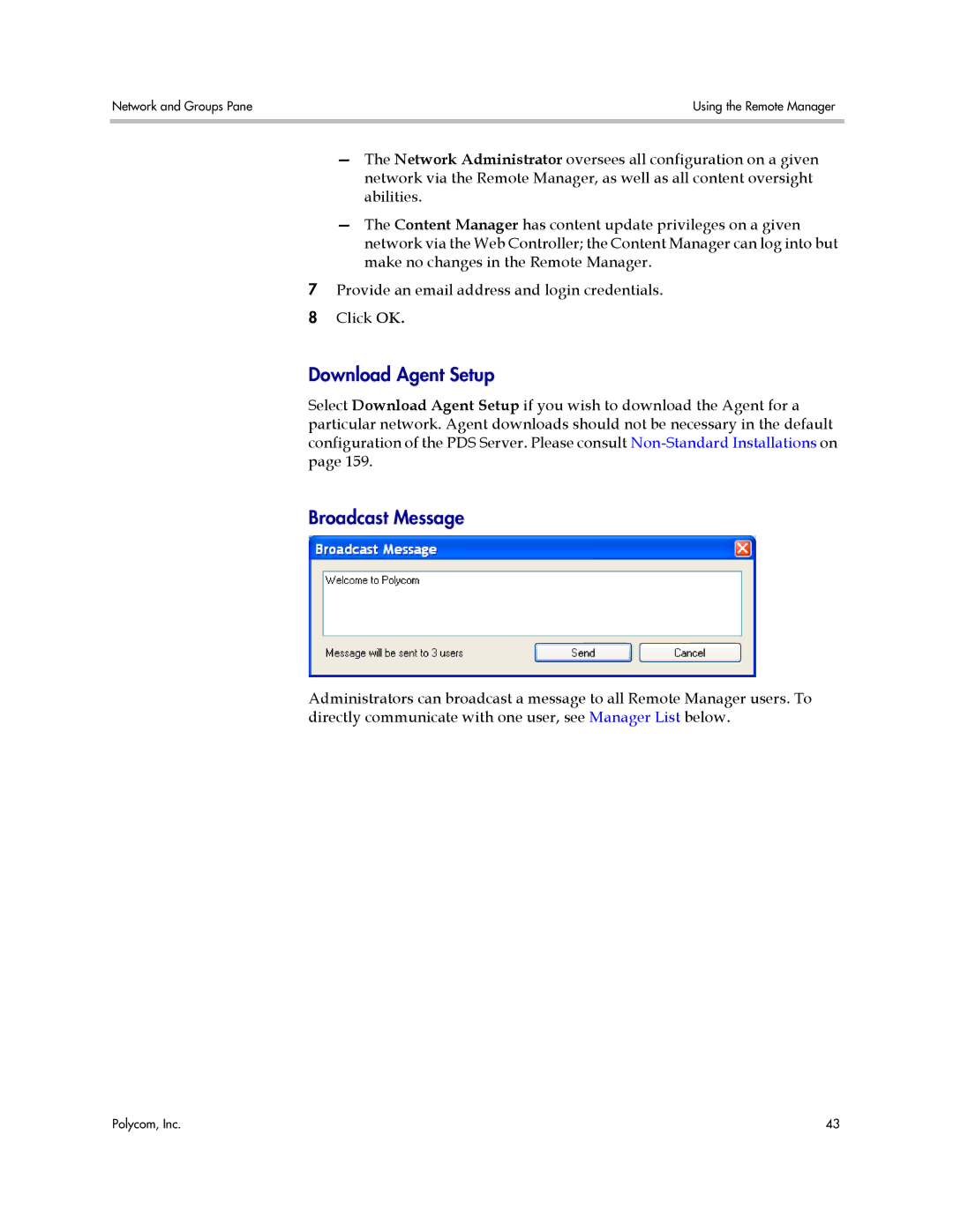 Polycom PDS 2000 manual Download Agent Setup, Broadcast Message 