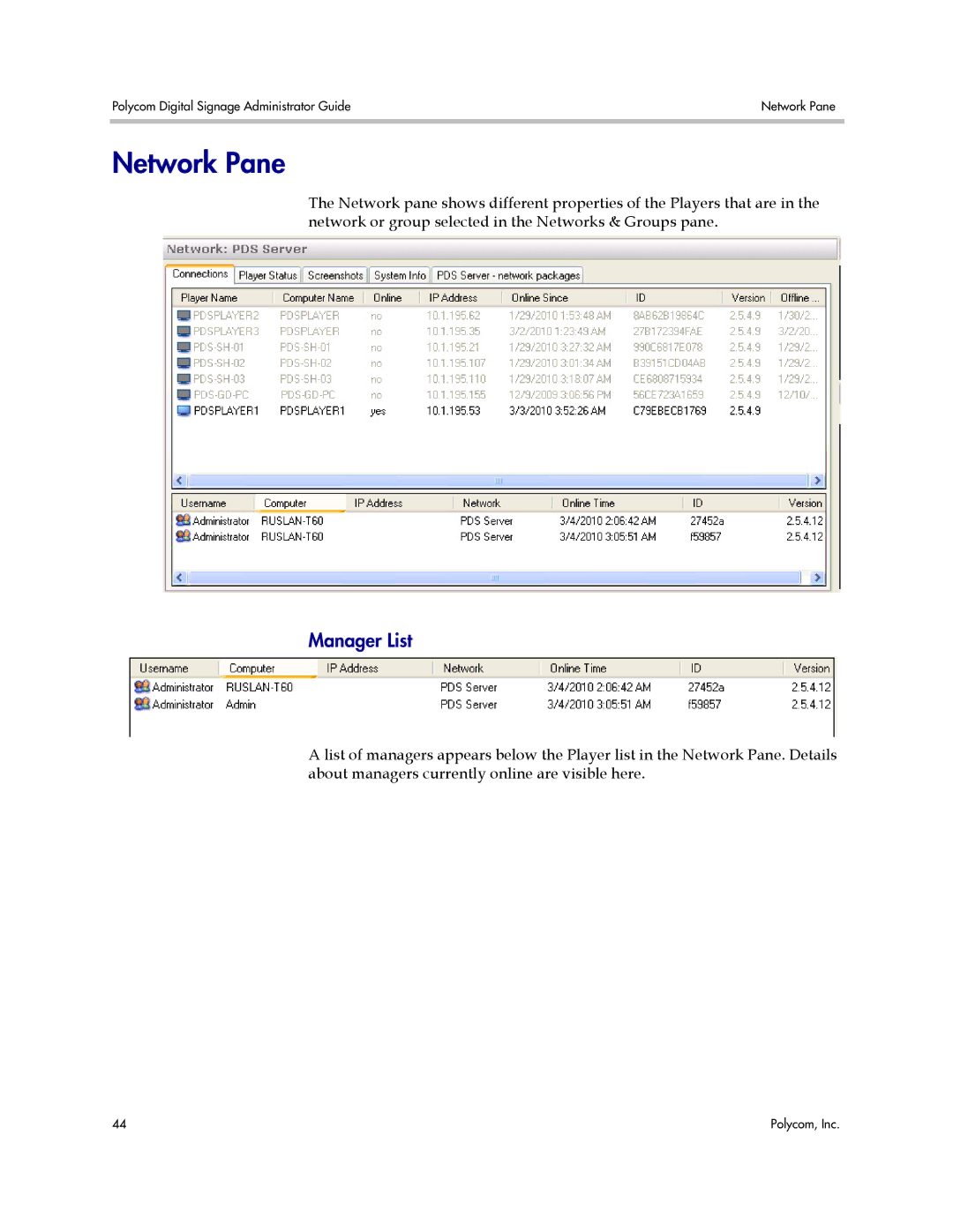 Polycom PDS 2000 manual Network Pane, Manager List 