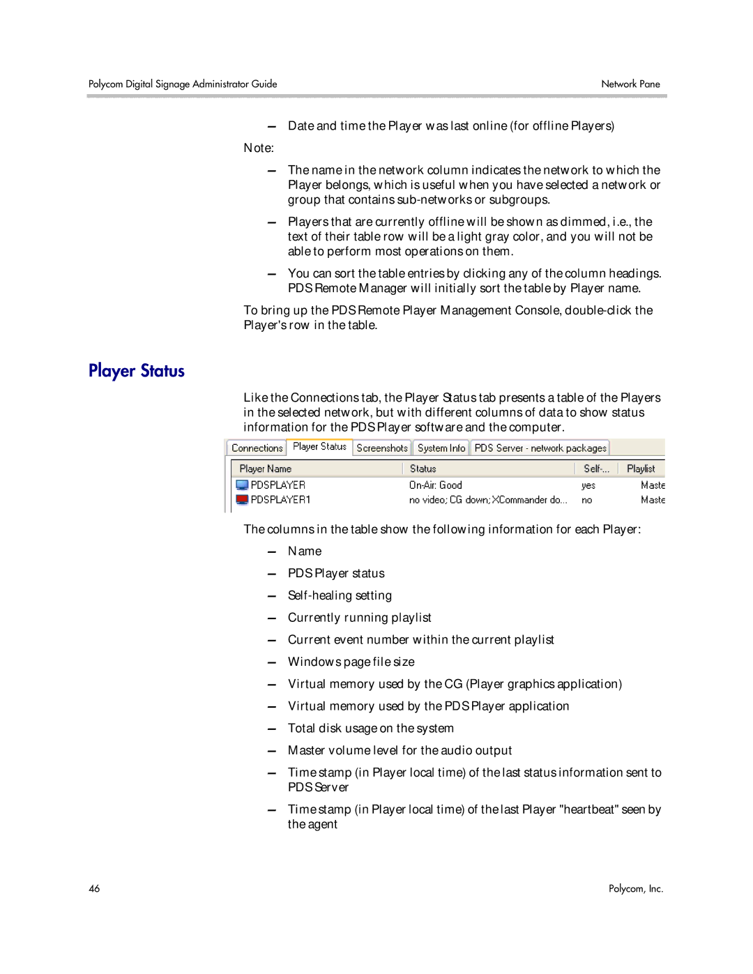 Polycom PDS 2000 manual Player Status 