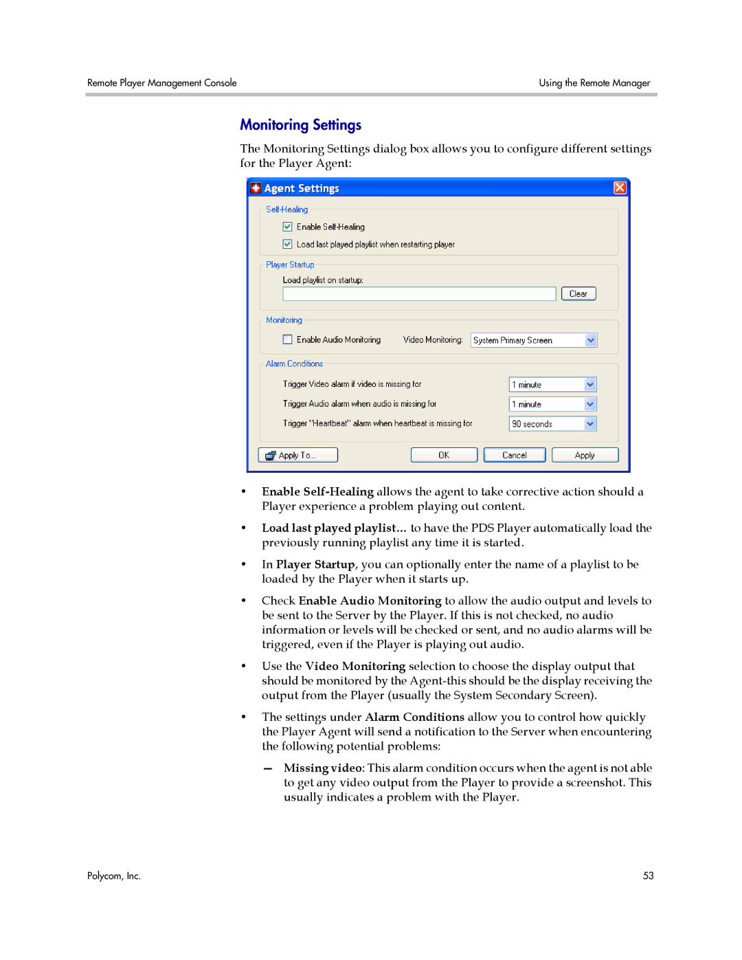 Polycom PDS 2000 manual Monitoring Settings 