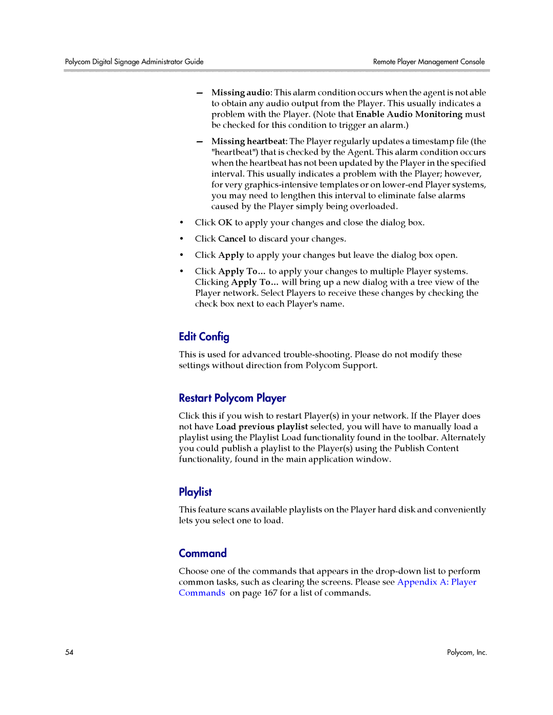Polycom PDS 2000 manual Edit Config, Restart Polycom Player, Playlist, Command 
