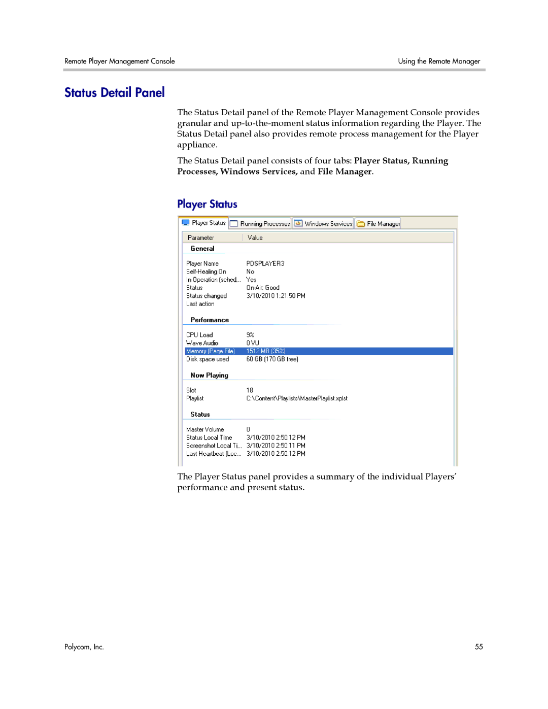 Polycom PDS 2000 manual Status Detail Panel, Player Status, Processes, Windows Services, and File Manager 