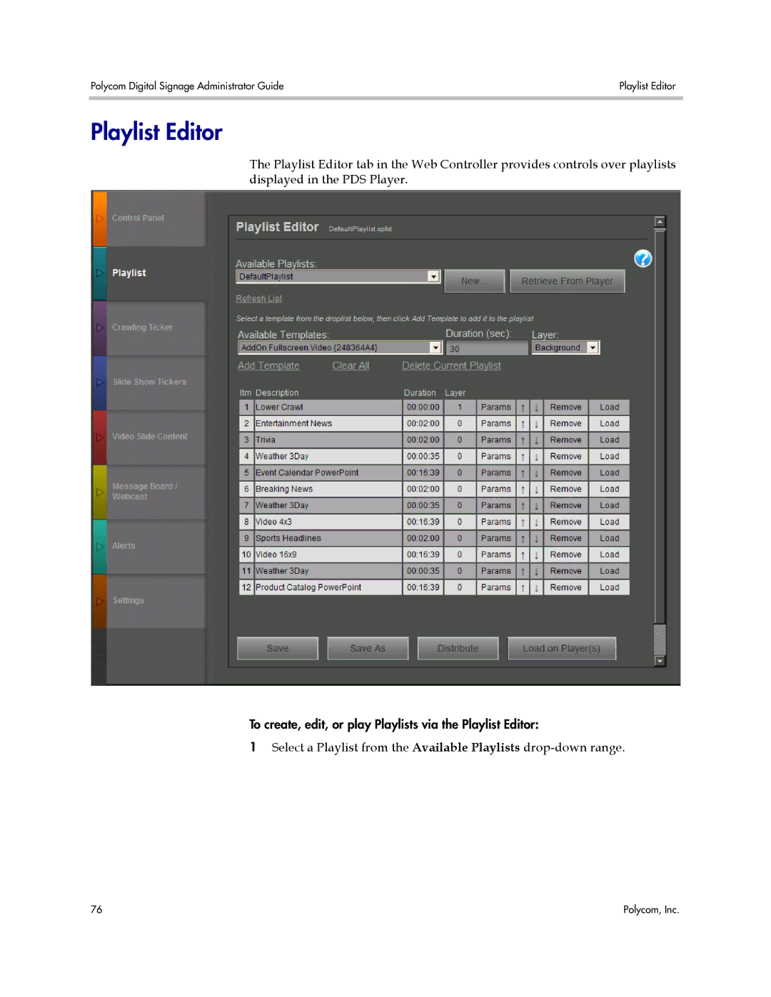 Polycom PDS 2000 manual Playlist Editor 