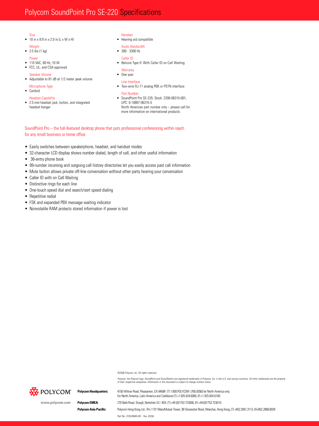 Polycom manual Polycom SoundPoint Pro SE-220 Specifications 
