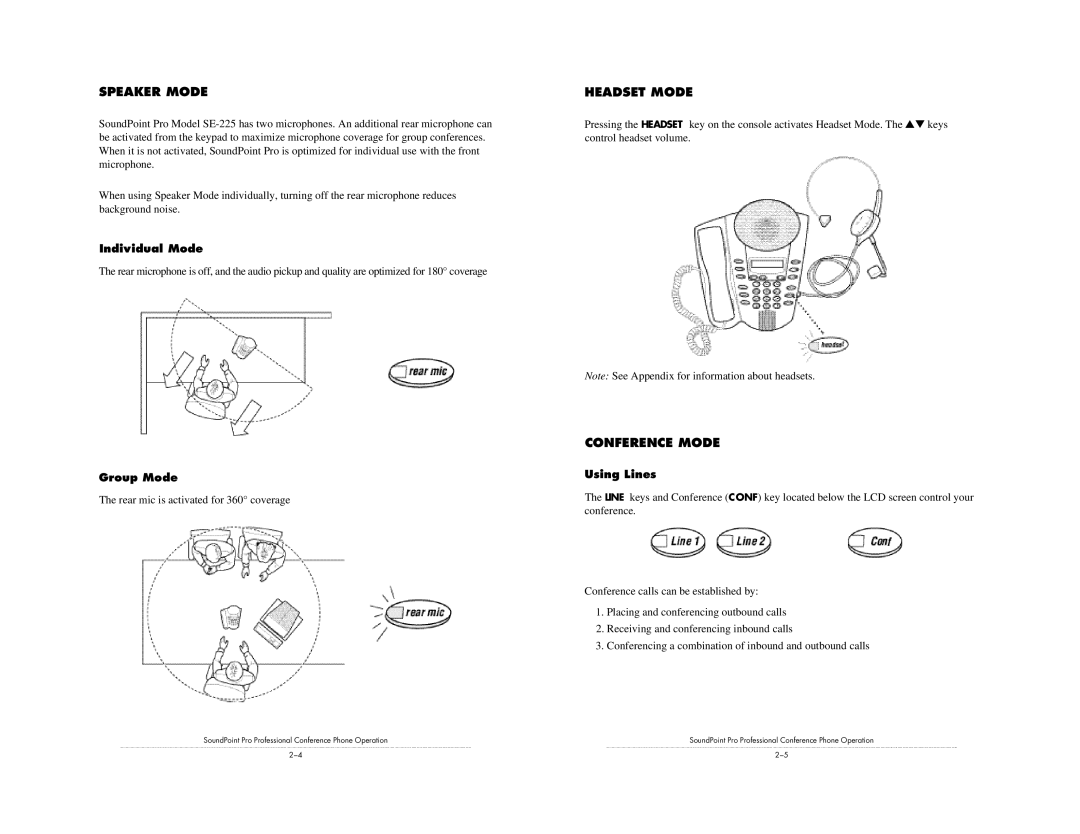 Polycom Pro SE-225 installation instructions Speaker Mode, Headset Mode, Conference Mode 