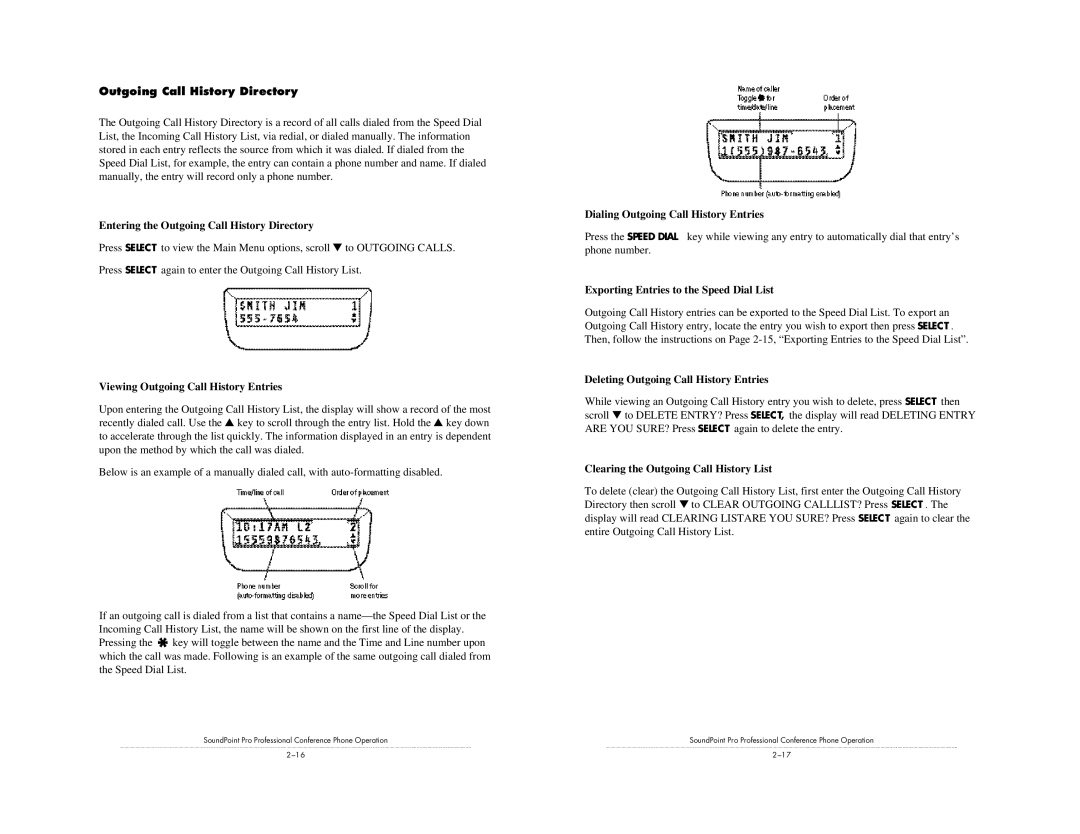 Polycom Pro SE-225 installation instructions Outgoing Call History Directory 