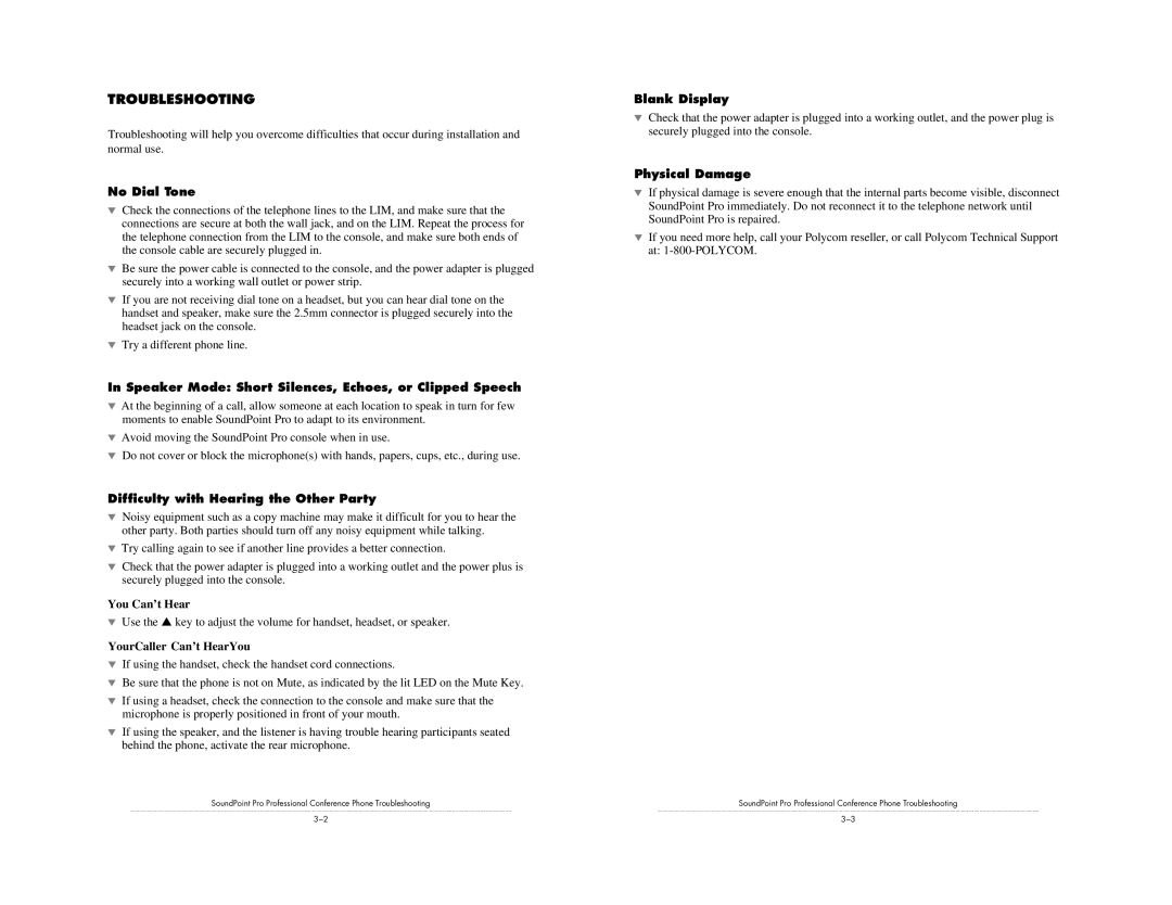 Polycom Pro SE-225 installation instructions Troubleshooting 