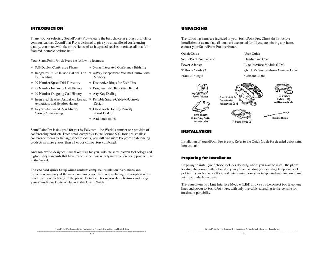 Polycom Pro SE-225 installation instructions Introduction, Unpacking, Preparing for Installation 