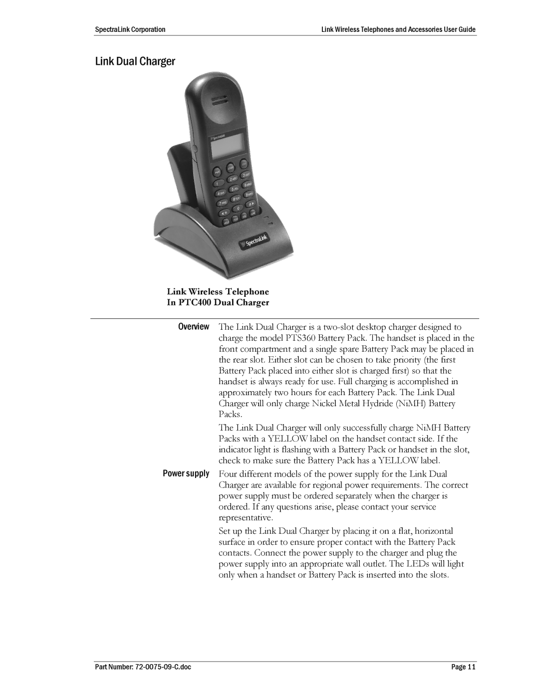 Polycom PTS360, BC4900, PTB410, PTQ360, PTB450, PTB400 manual Link Dual Charger, Link Wireless Telephone PTC400 Dual Charger 