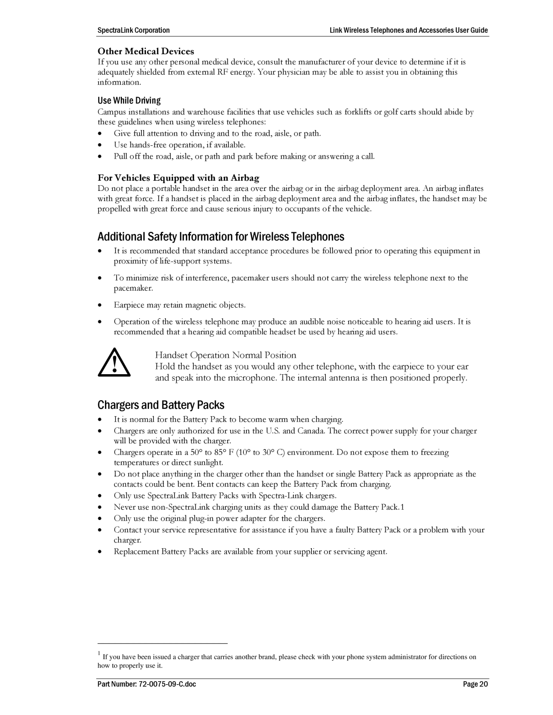 Polycom PTS360 Additional Safety Information for Wireless Telephones, Chargers and Battery Packs, Other Medical Devices 