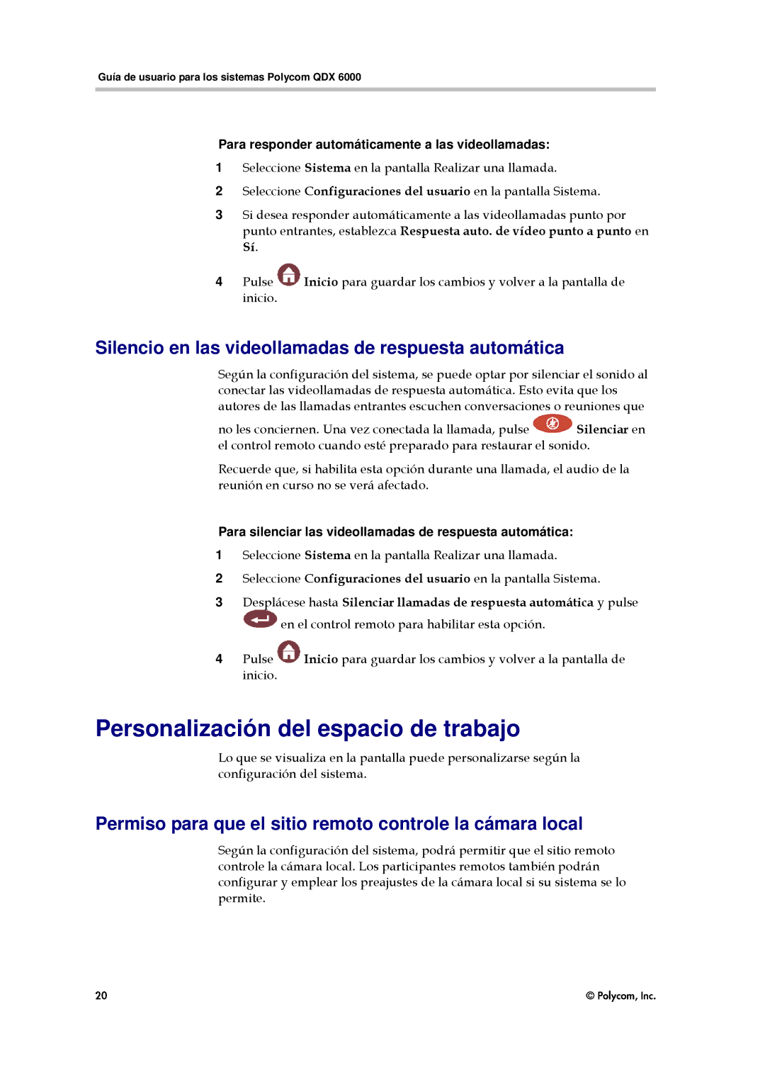 Polycom QDX 6000 manual Personalización del espacio de trabajo, Silencio en las videollamadas de respuesta automática 