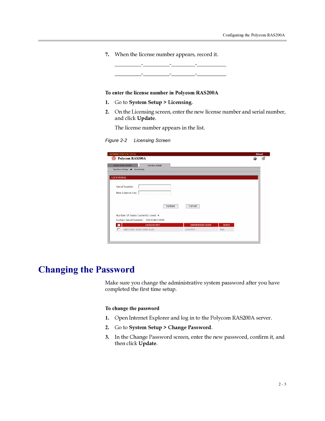 Polycom 3725-18101-001B Changing the Password, To enter the license number in Polycom RAS200A, To change the password 