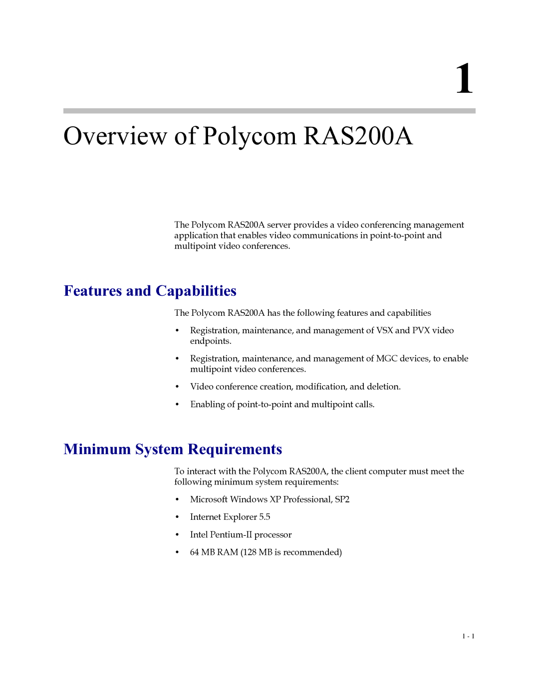 Polycom 3725-18101-001B manual Overview of Polycom RAS200A, Features and Capabilities, Minimum System Requirements 