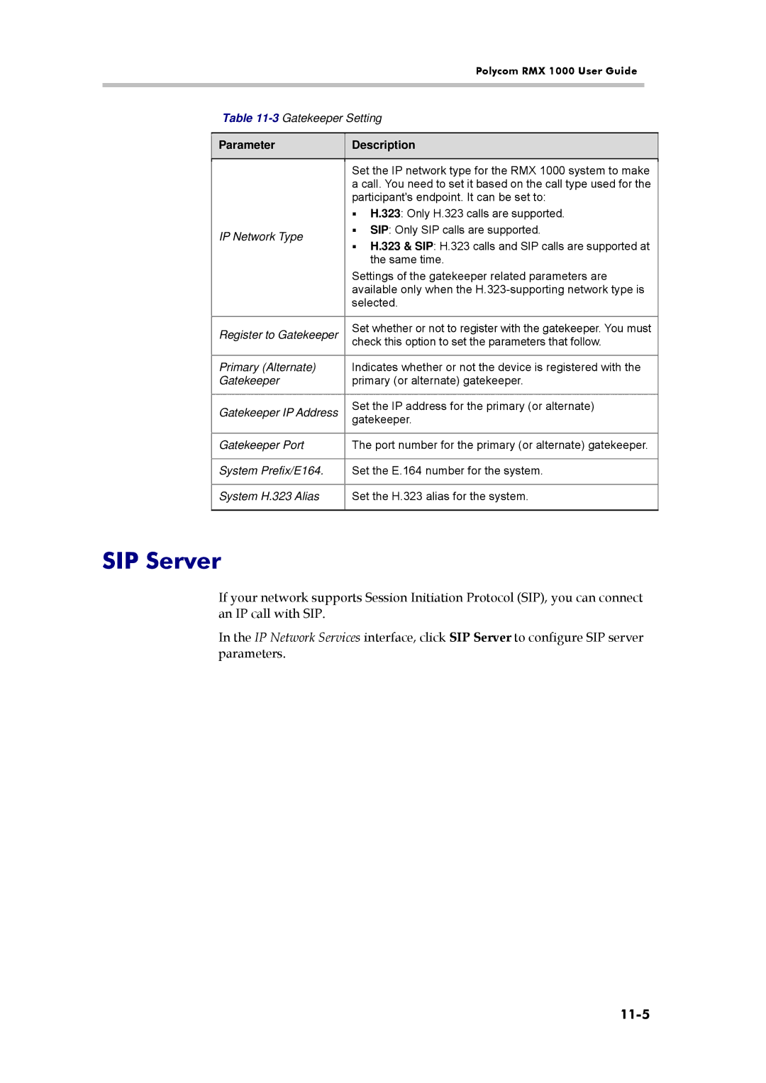 Polycom RMX 1000, 3150-16966-002 manual SIP Server, 11-5 