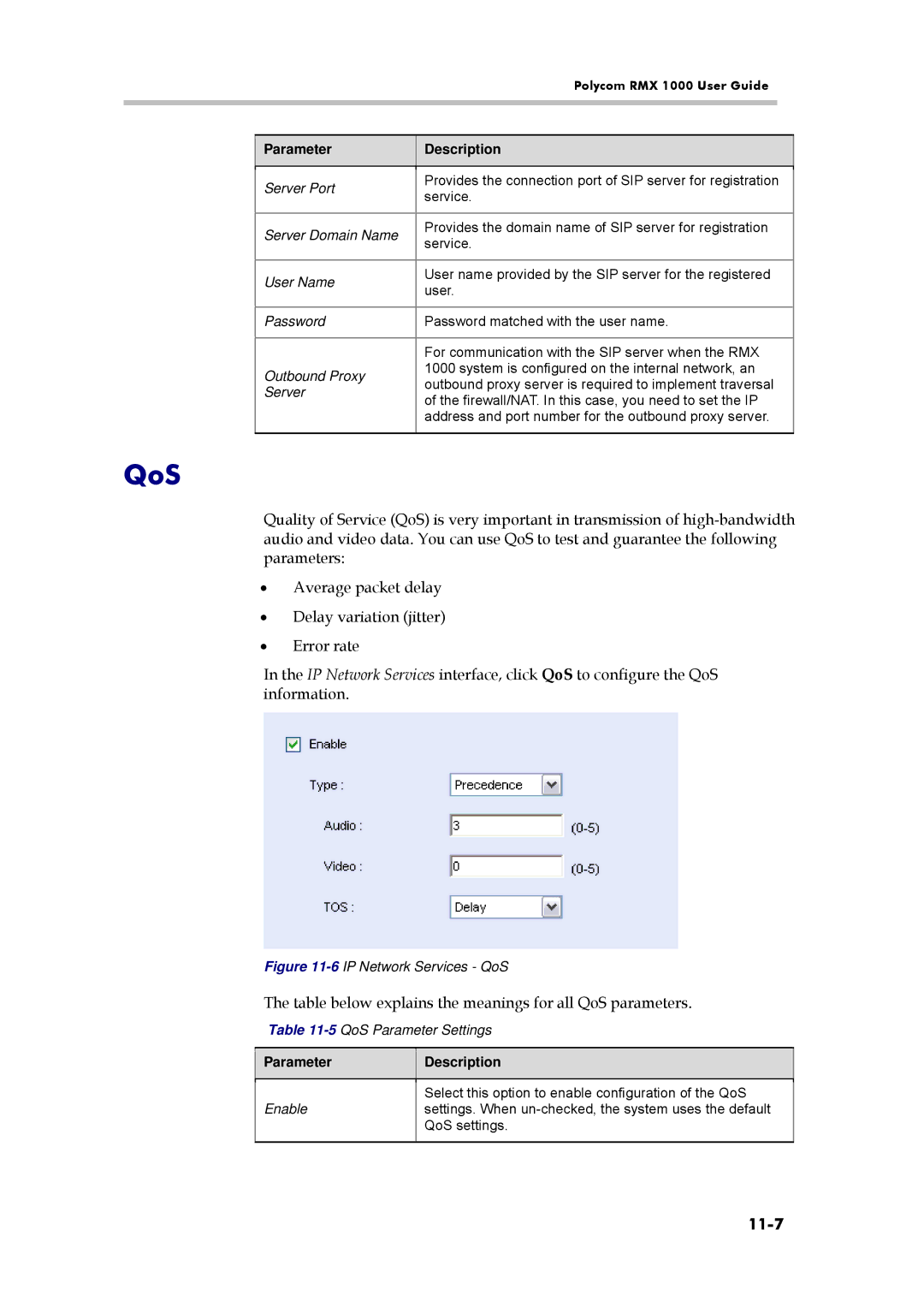 Polycom RMX 1000, 3150-16966-002 manual 11-7, 5QoS Parameter Settings, Enable 