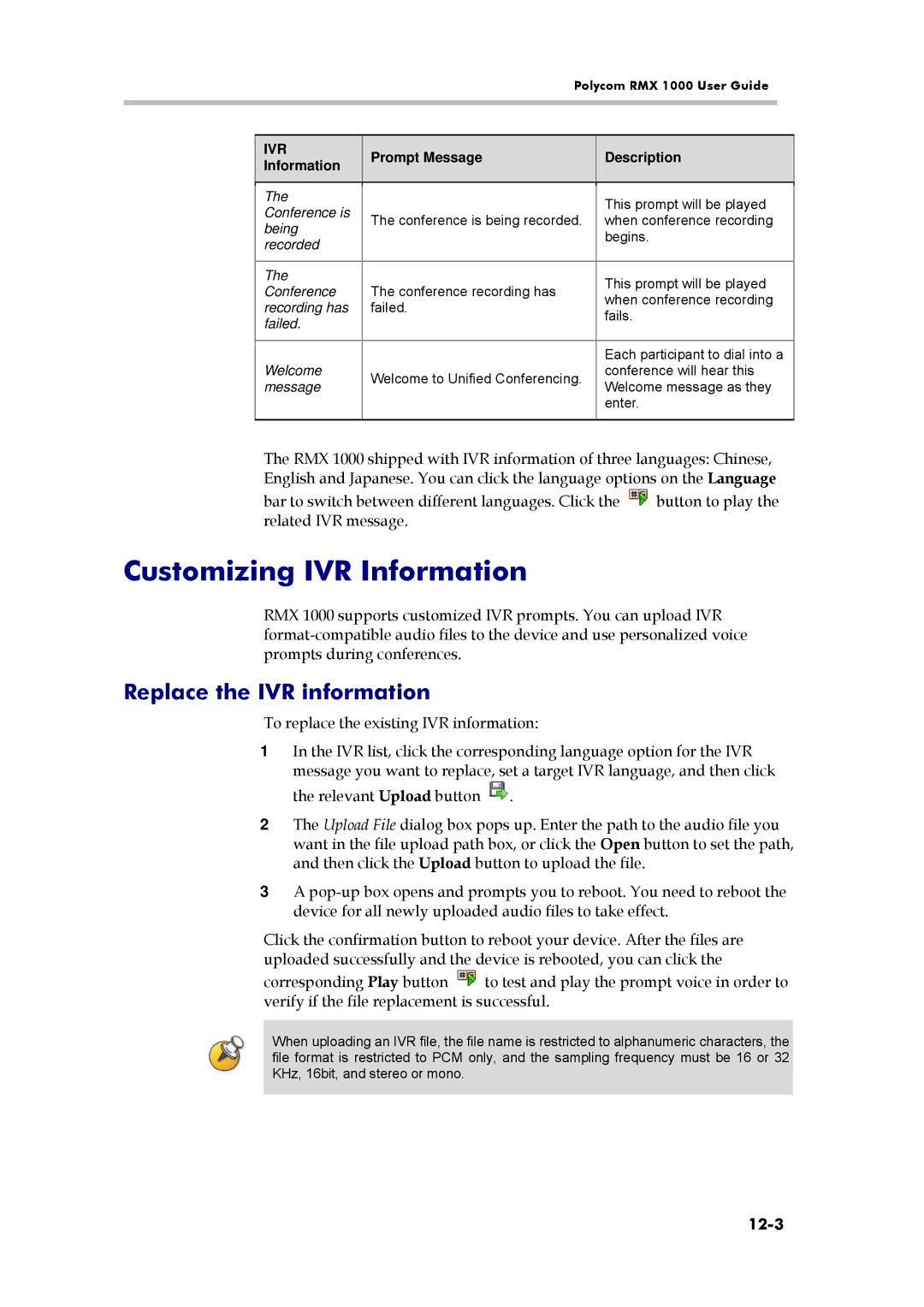 Polycom RMX 1000, 3150-16966-002 manual Customizing IVR Information, Replace the IVR information, 12-3 