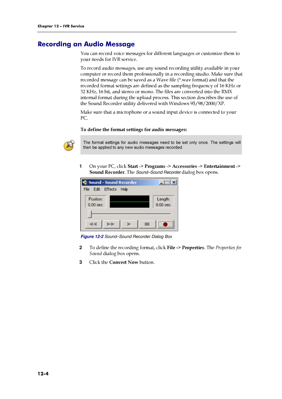 Polycom 3150-16966-002, RMX 1000 manual Recording an Audio Message, To define the format settings for audio messages, 12-4 