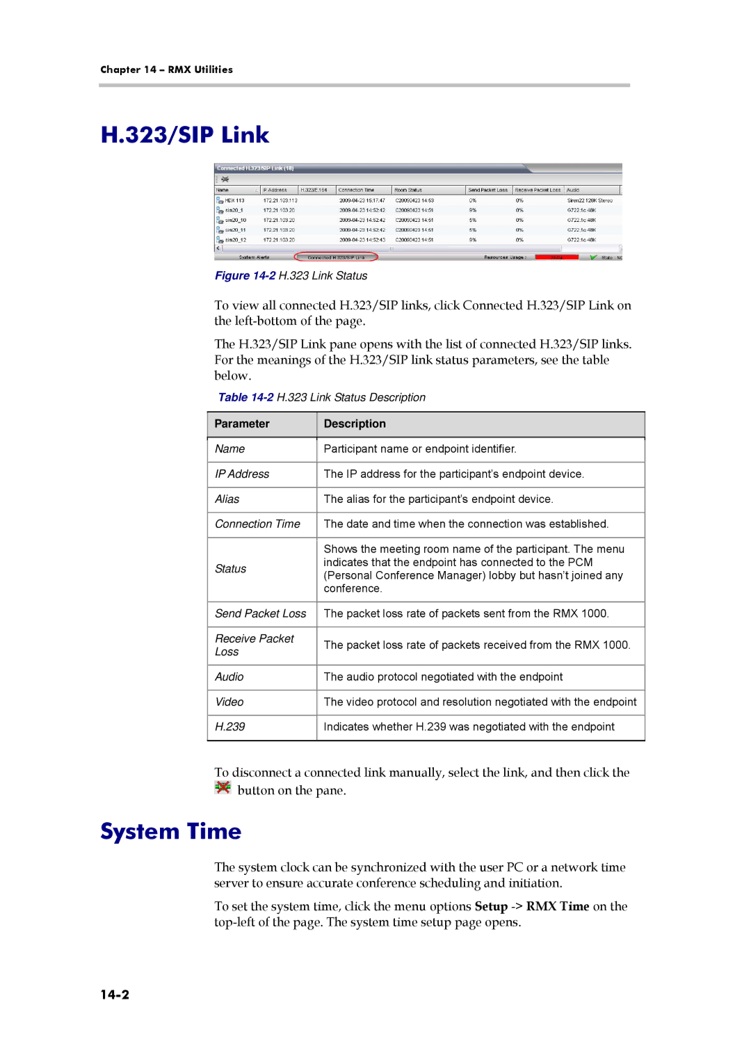 Polycom 3150-16966-002, RMX 1000 manual 323/SIP Link, System Time, 14-2, 2H.323 Link Status Description 