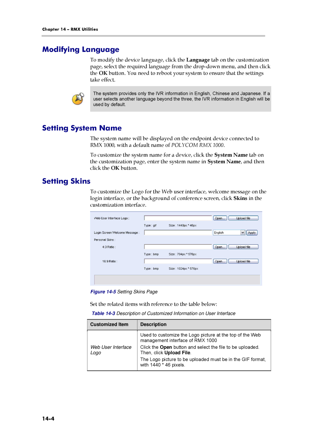 Polycom 3150-16966-002, RMX 1000 Modifying Language, Setting System Name, Setting Skins, 14-4, Customized Item Description 