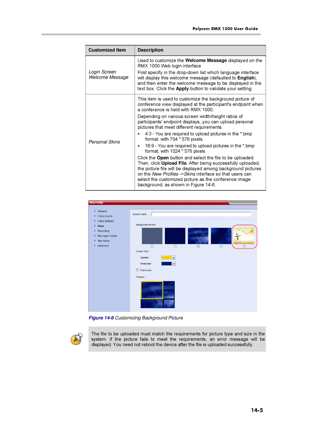 Polycom RMX 1000, 3150-16966-002 manual 14-5, Login Screen, Welcome Message, Personal Skins 