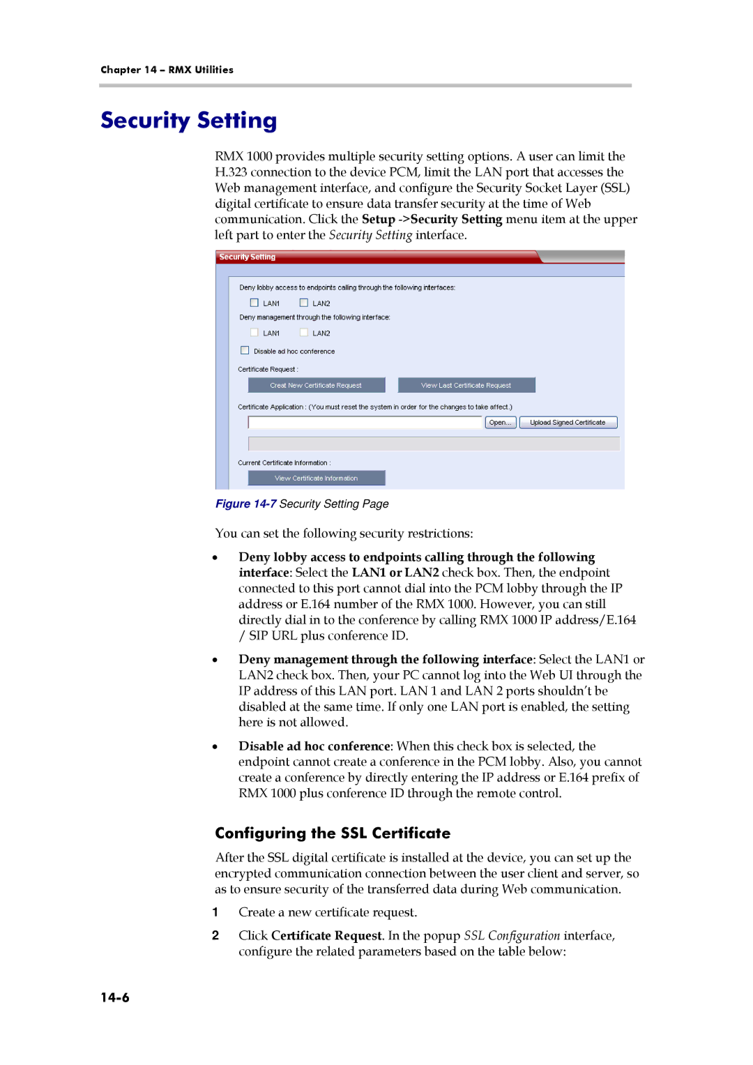 Polycom 3150-16966-002, RMX 1000 manual Security Setting, Configuring the SSL Certificate, 14-6 