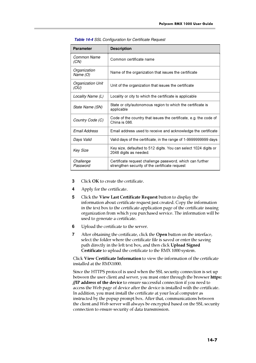 Polycom RMX 1000, 3150-16966-002 manual 14-7, 4SSL Configuration for Certificate Request, Days Valid 