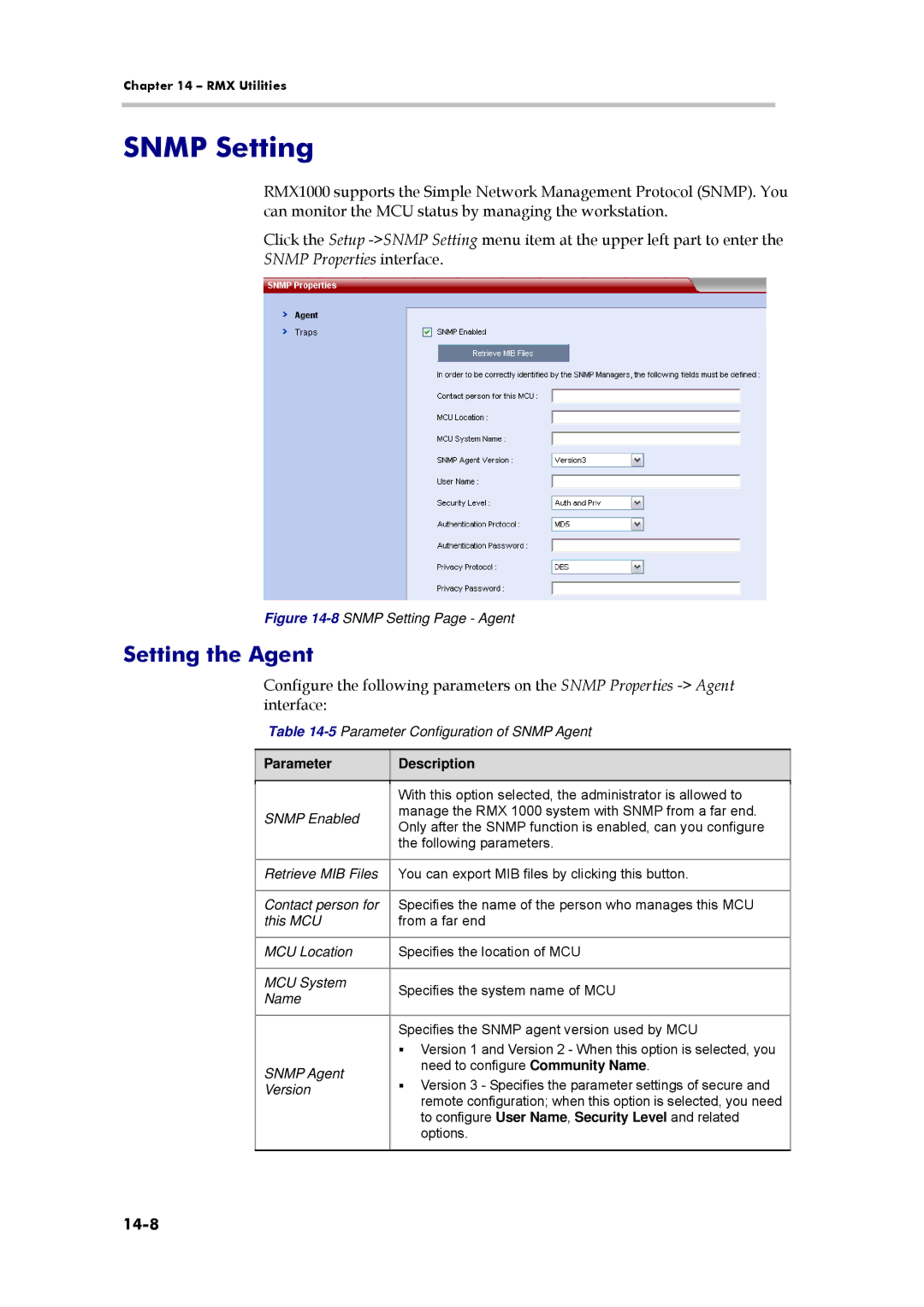 Polycom 3150-16966-002, RMX 1000 manual Snmp Setting, Setting the Agent, 14-8 