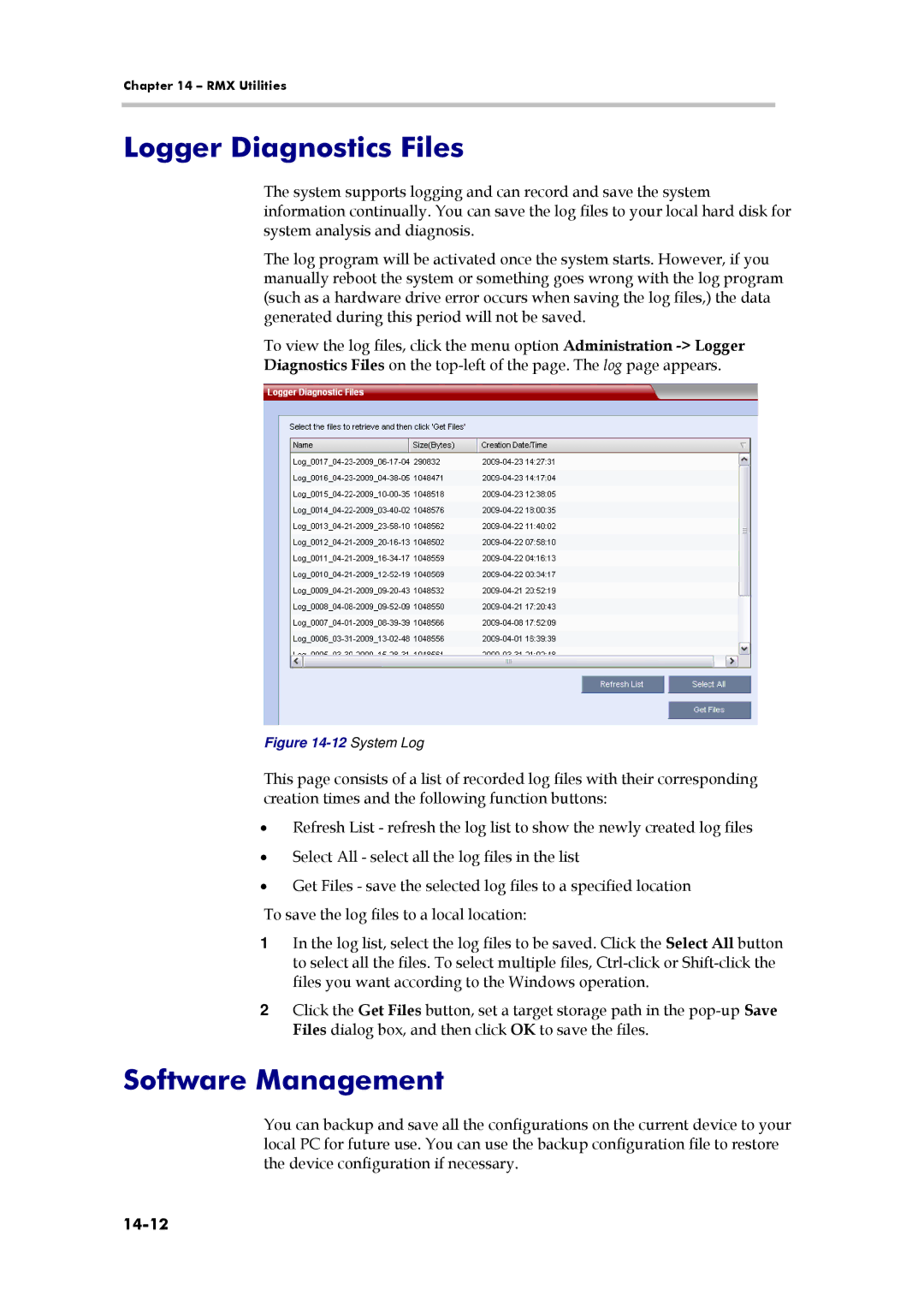 Polycom 3150-16966-002, RMX 1000 manual Logger Diagnostics Files, Software Management, 14-12 