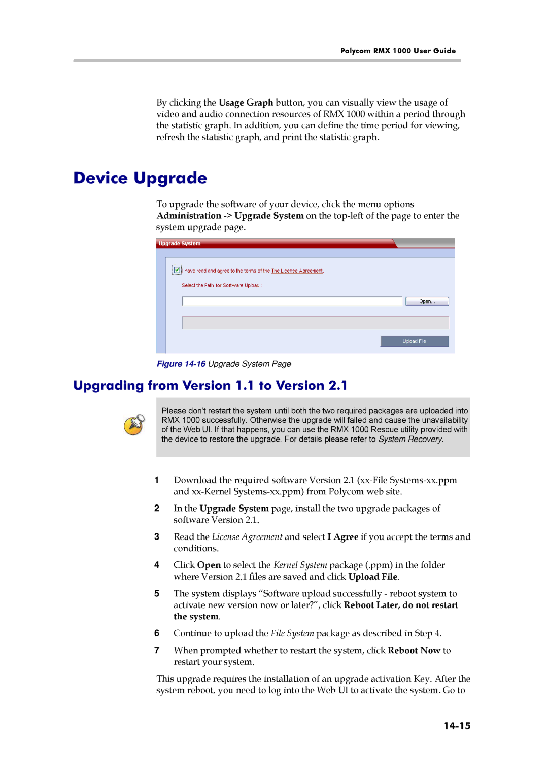 Polycom RMX 1000, 3150-16966-002 manual Device Upgrade, Upgrading from Version 1.1 to Version, 14-15 