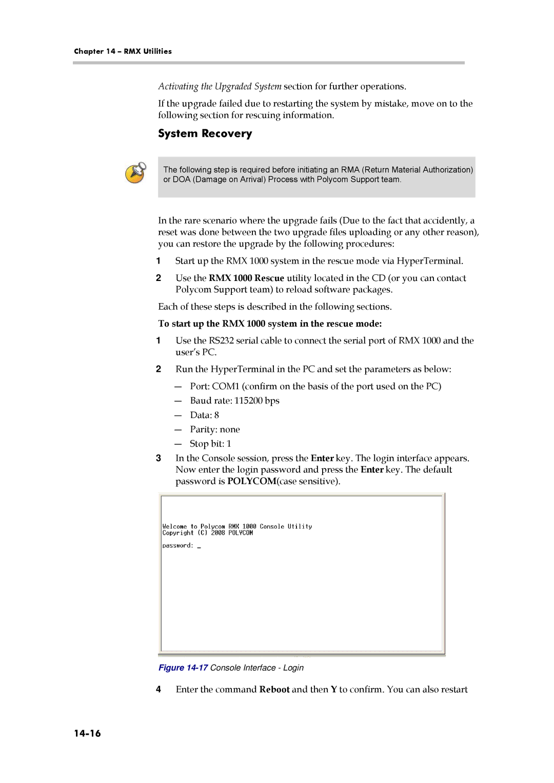 Polycom 3150-16966-002 manual System Recovery, To start up the RMX 1000 system in the rescue mode, 14-16 