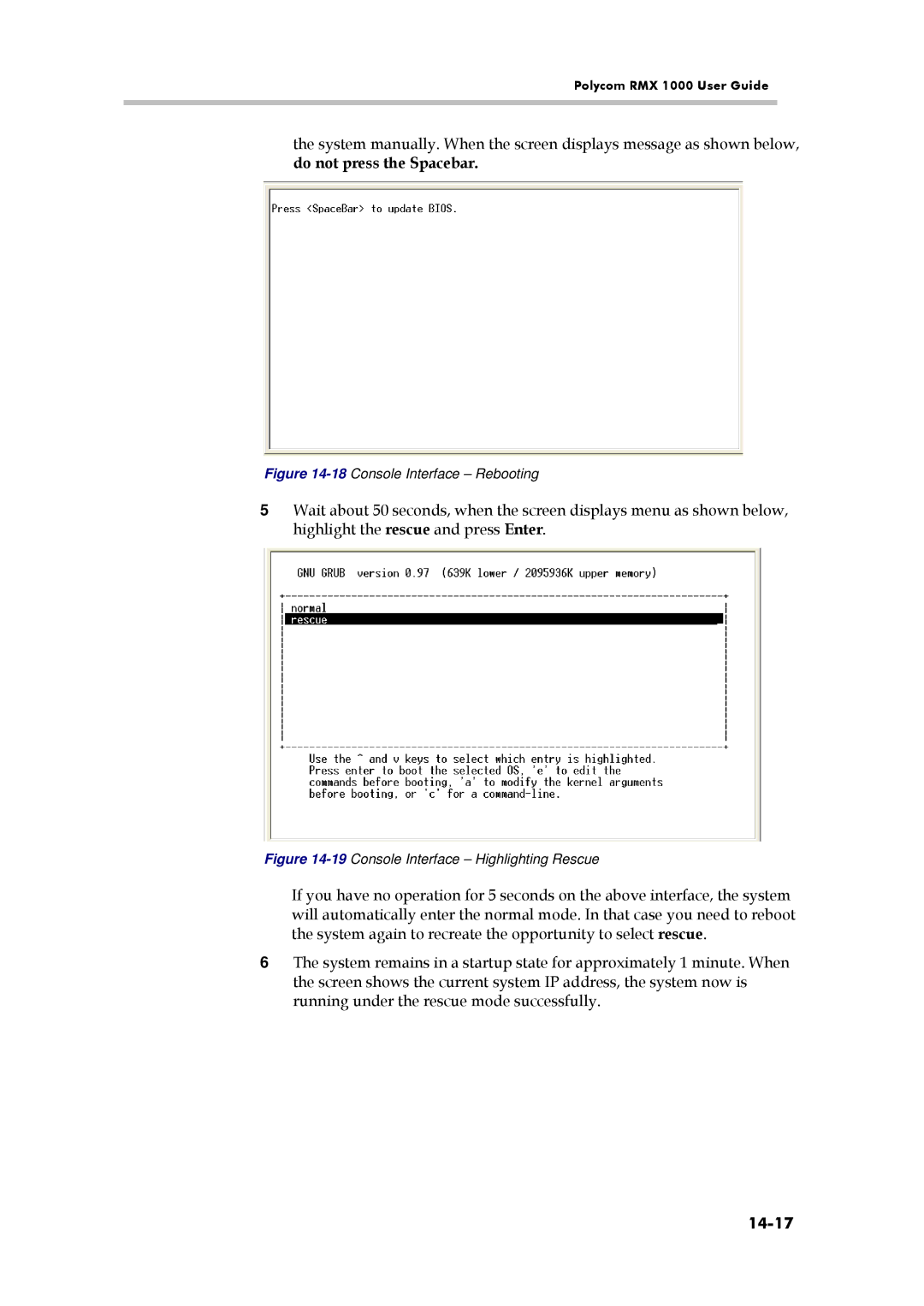 Polycom RMX 1000, 3150-16966-002 manual 18Console Interface Rebooting, 19Console Interface Highlighting Rescue 