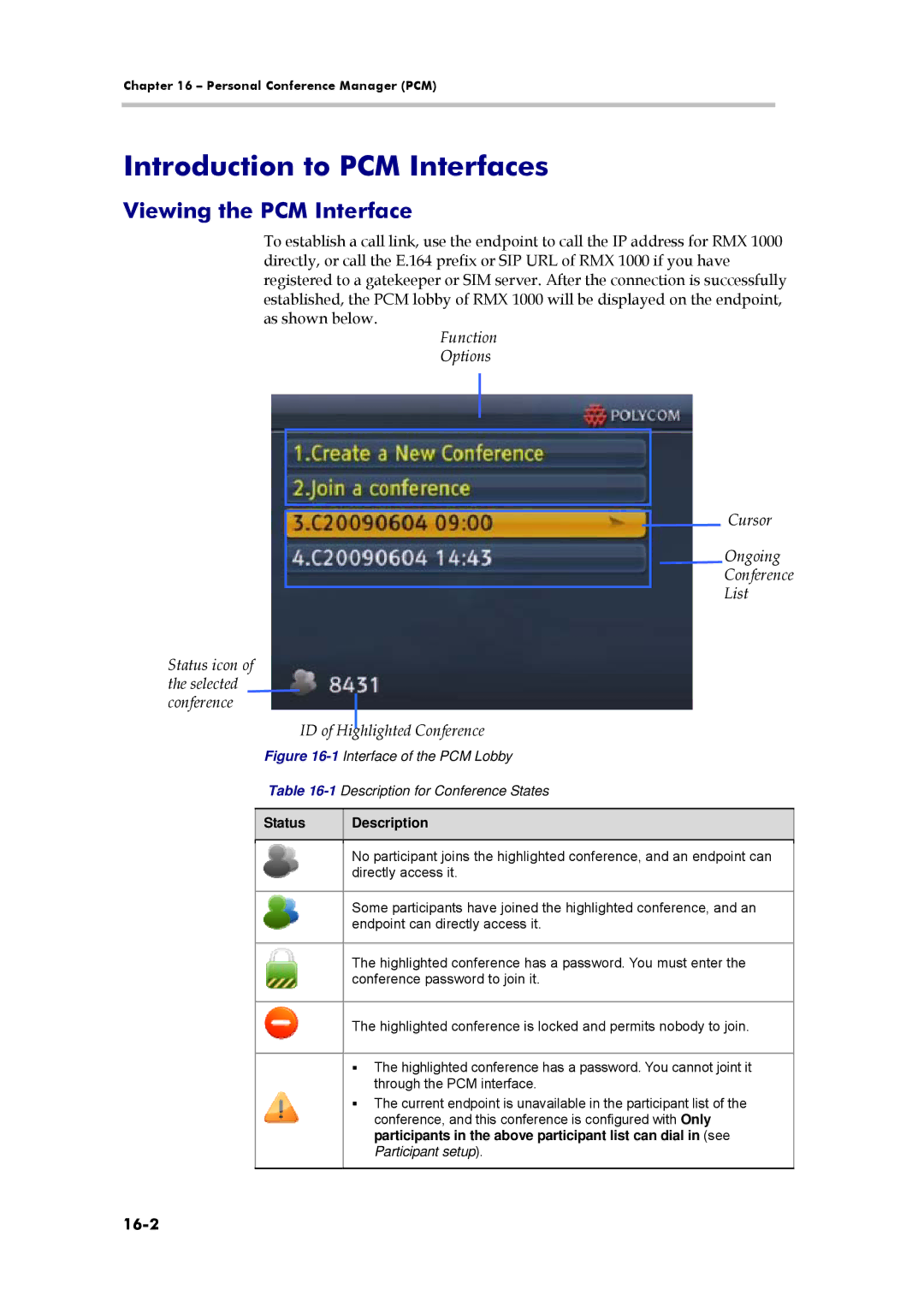 Polycom 3150-16966-002, RMX 1000 manual Introduction to PCM Interfaces, Viewing the PCM Interface, 16-2, Status Description 