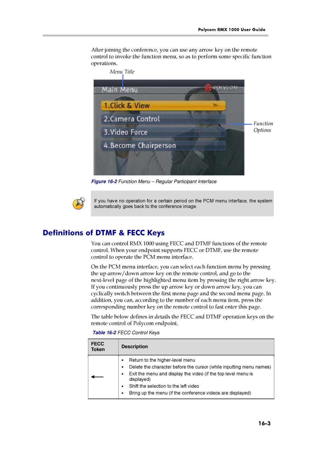 Polycom RMX 1000, 3150-16966-002 manual Definitions of Dtmf & Fecc Keys, 16-3, 2FECC Control Keys, Fecc Token Description 