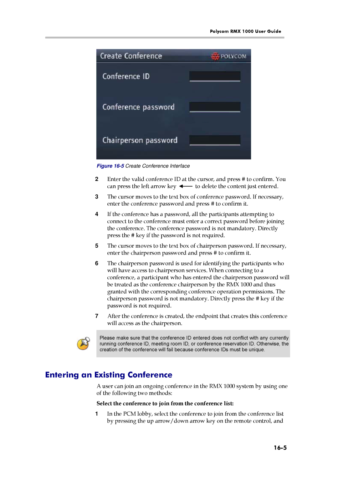 Polycom RMX 1000 manual Entering an Existing Conference, Select the conference to join from the conference list, 16-5 