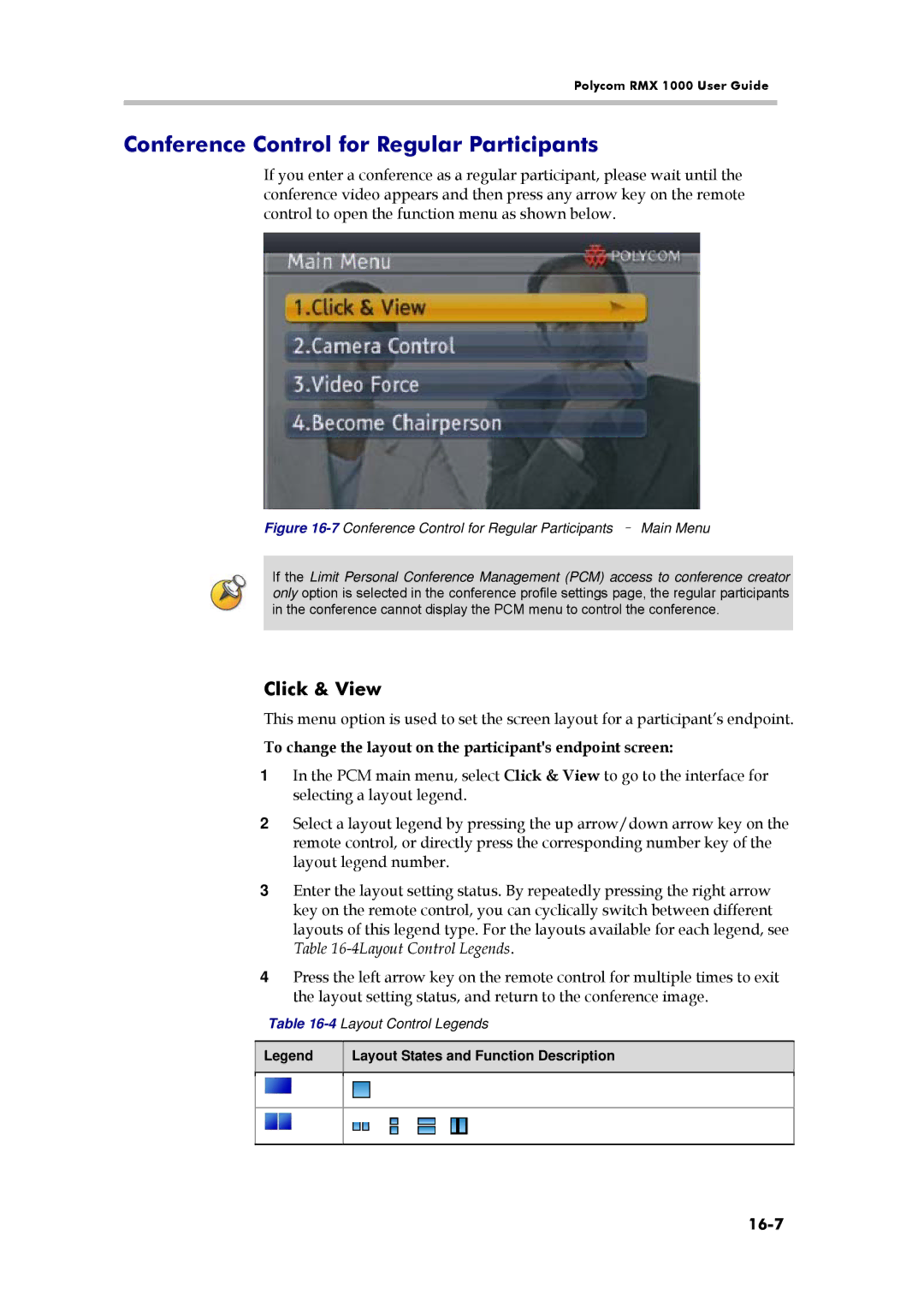 Polycom RMX 1000 Conference Control for Regular Participants, Click & View, 16-7, Layout States and Function Description 