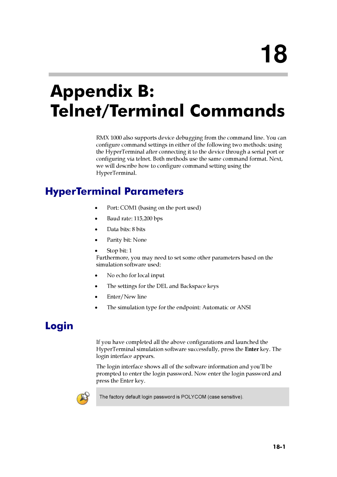 Polycom RMX 1000, 3150-16966-002 manual Appendix B Telnet/Terminal Commands, HyperTerminal Parameters, Login, 18-1 