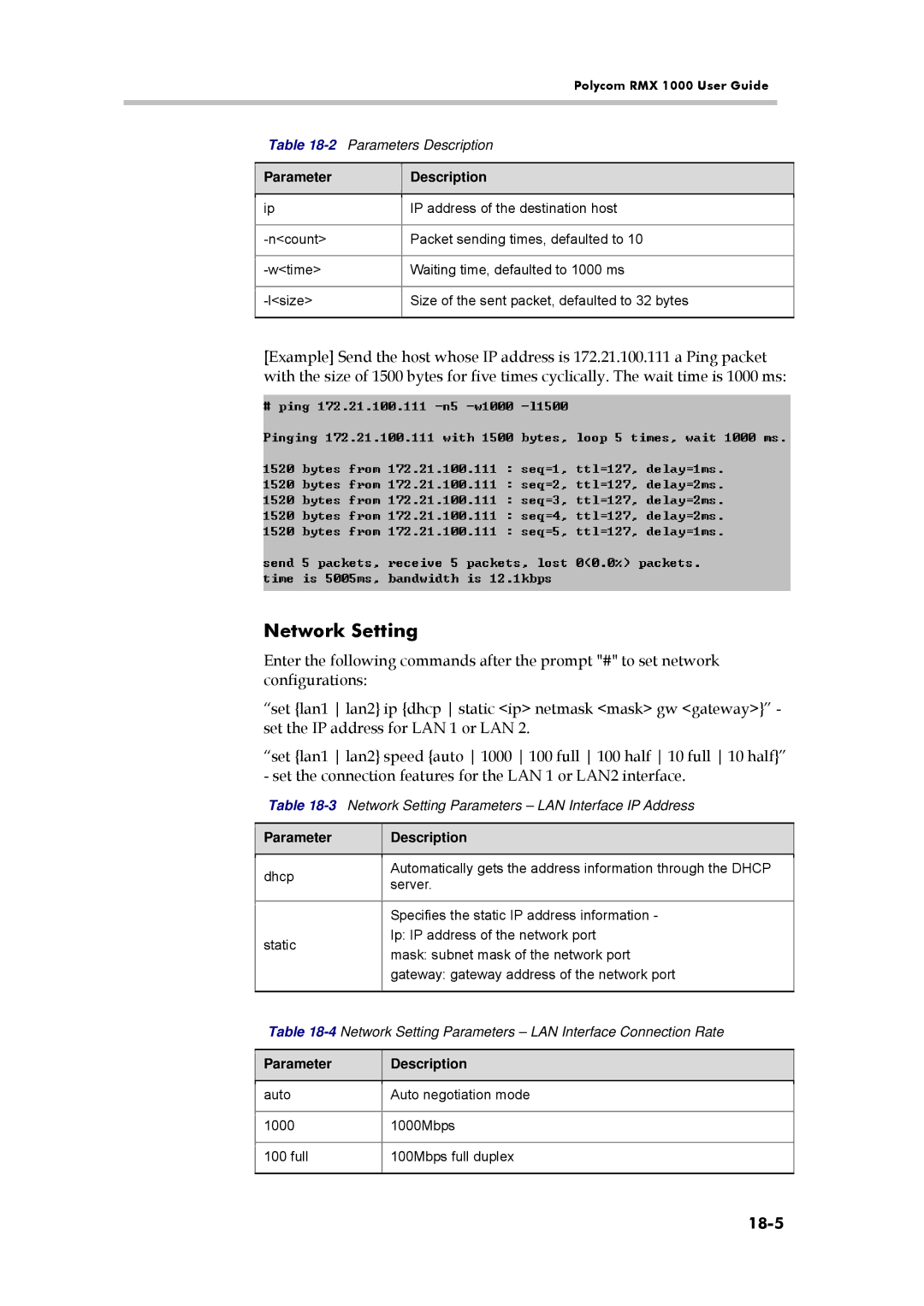 Polycom RMX 1000, 3150-16966-002 18-5, 2Parameters Description, 3Network Setting Parameters LAN Interface IP Address 