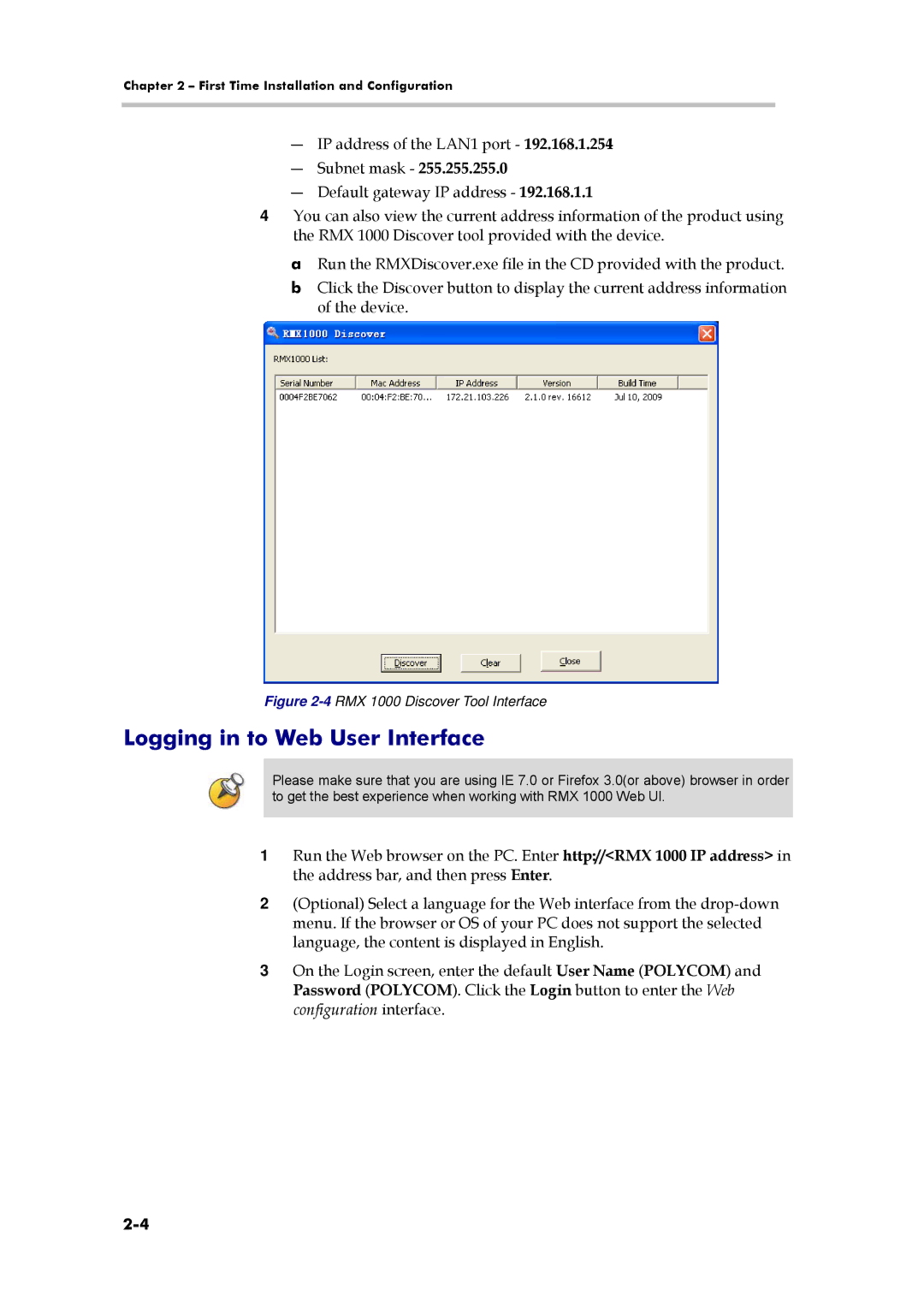 Polycom 3150-16966-002 manual Logging in to Web User Interface, 4RMX 1000 Discover Tool Interface 