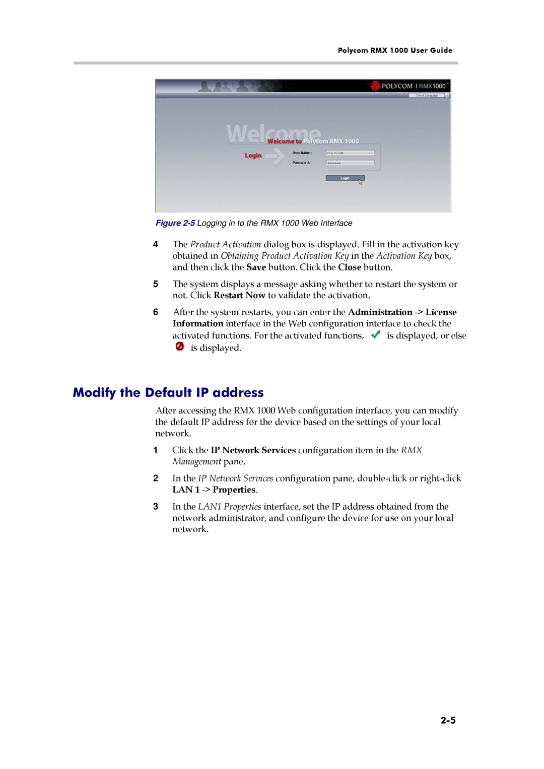 Polycom 3150-16966-002 manual Modify the Default IP address, 5Logging in to the RMX 1000 Web Interface 