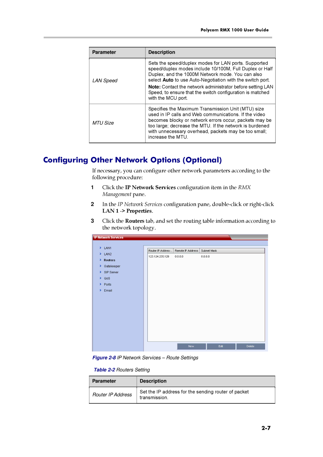 Polycom RMX 1000, 3150-16966-002 manual Configuring Other Network Options Optional, LAN Speed, MTU Size, Router IP Address 