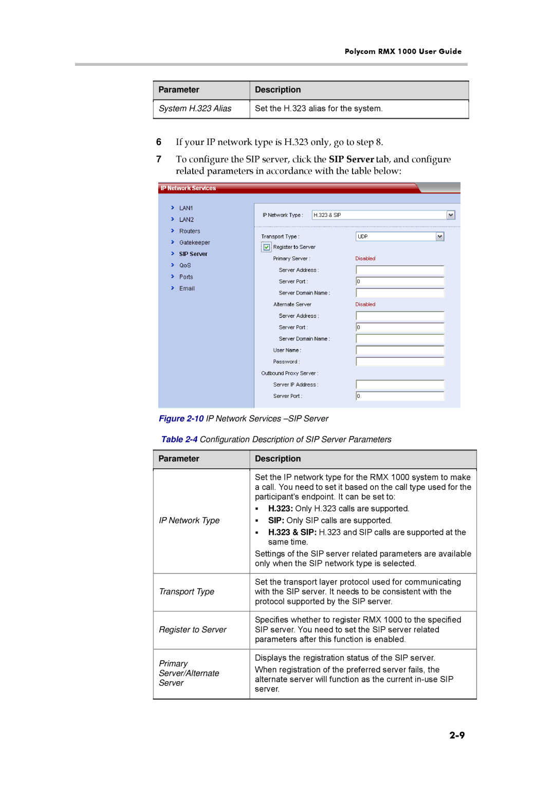 Polycom RMX 1000, 3150-16966-002 manual System H.323 Alias, Transport Type, Register to Server, Primary, Server/Alternate 